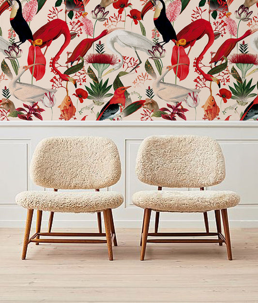 Ivory Red Jungle Wall Fabric